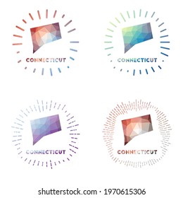 Connecticut low poly sunburst set. Logo of US state in geometric polygonal style. Vector illustration.