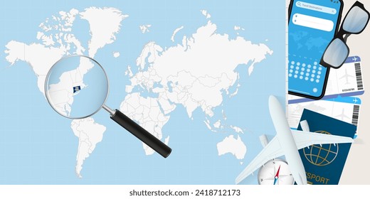 Connecticut is magnified over a World Map, illustration with airplane, passport, boarding pass, compass and eyeglasses. Vector illustration.