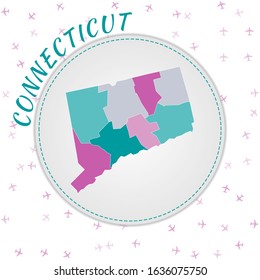 Connecticut map design. Map of the us state with regions in emerald-amethyst color palette. Rounded travel to Connecticut poster with us state name and airplanes background.