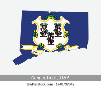 Bandera del mapa de Connecticut. Mapa de CT, EEUU con la bandera del estado aislada en fondo blanco. Estados Unidos de América, Estados Unidos de América, Estados Unidos de América, Estados Unidos de América. Ilustración vectorial.