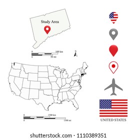 Connecticut map scale. USA map scale miles and kilometers. United States map vector outline illustration background. USA flag and navigation pointer icons. A creative map for educational purposes