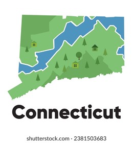Connecticut map shape United states America green forest hand drawn cartoon style with trees travel terrain 