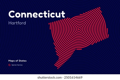 Connecticut-Karte in Spiralform: Hartford nimmt die Bühne in den Mittelpunkt. Fingerabdruck und Streifenmuster. Amerikanische Staatskarten