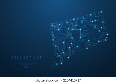 Connecticut Map - United States of America Map vector with Abstract futuristic circuit board. High-tech technology mash line and point scales on dark background - Vector illustration ep 10