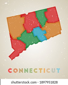 Connecticut map. US state poster with colored regions. Old grunge texture. Vector illustration of Connecticut with the state name.