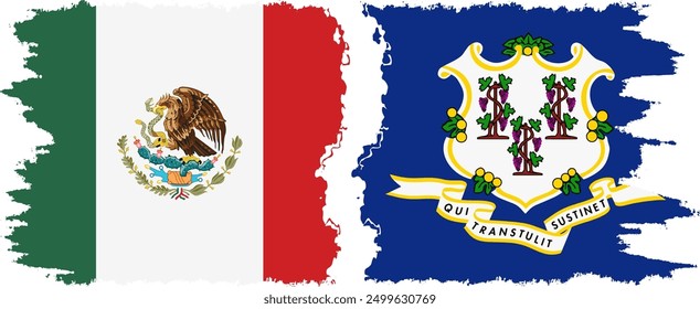 Connecticut and Mexico grunge brush flags connection, vector