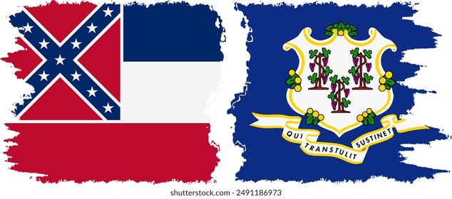 Connecticut and Mississippi states grunge brush flags connection, vector