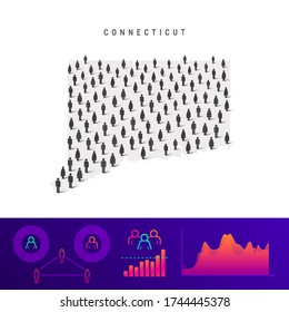 Mapa de gente de Connecticut. Silhouette vectorial detallada. Multitud mixta de íconos de hombres y mujeres. Elementos infográficos de población. Ilustración vectorial aislada en blanco.