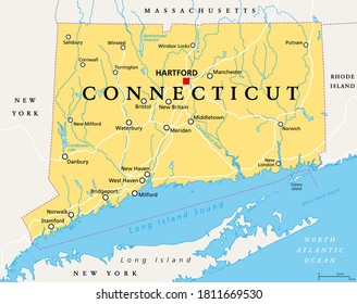 Connecticut, political map with capital Hartford. State of Connecticut, CT, the southernmost state in the New England region of the northeastern United States of America. English. Illustration. Vector