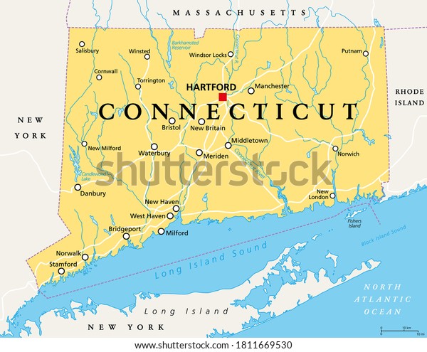 Connecticut, political map with capital Hartford.\
State of Connecticut, CT, the southernmost state in the New England\
region of the northeastern United States of America. English.\
Illustration.\
Vector