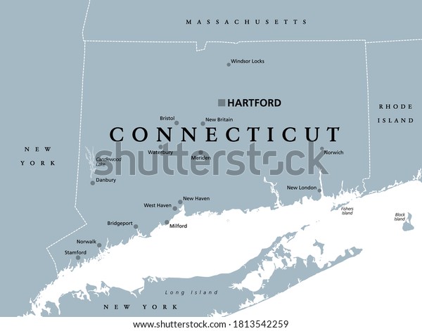 Connecticut, political map with capital Hartford.
State of Connecticut, CT, southernmost state in New England region
of northeastern United States of America. Gray illustration, over
white. Vector.