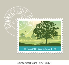  Connecticut postage stamp design. Detailed vector illustration of scenic morning landscape with grunge postmark on separate layer