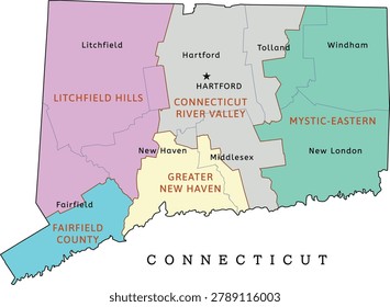 Connecticut regions map with counties. Colored. Vectored