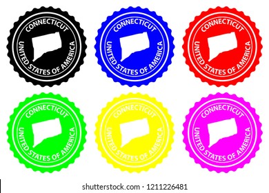 Connecticut - rubber stamp - vector, Connecticut (United States of America) map pattern - sticker - black, blue, green, yellow, purple and red 