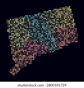 Connecticut, shape of the state build of colored cells. Digital style map of the Connecticut on dark background. Small size rounded square blocks. Modern vector illustration.