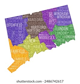 Connecticut shape. State word cloud with county division. Connecticut colored illustration. County names cloud. Vector illustration.