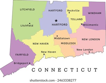Connecticut state administrative map with counties and seats. Clored. Vectored. Bright colors