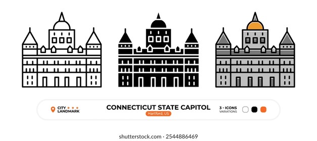 Connecticut State Capitol Line Ícone (em inglês).
Hartford, Símbolo De Cor Us, Sinal De Resfriamento, Traço Editável.