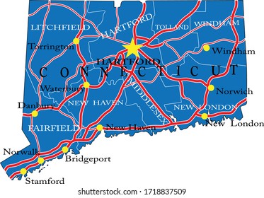 Connecticut state detailed political map