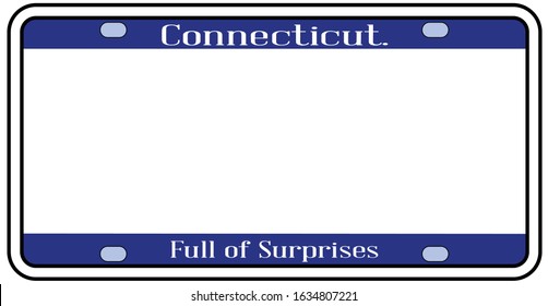 Connecticut state license plate in the colors of the state flag with icons over a white background