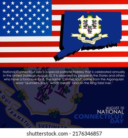 Connecticut state map with flag and American flag with bold text and sentences on dark blue background, National Connecticut Day August 10