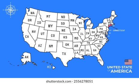 Connecticut State, USA, vector map isolated on United states map.
