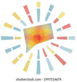 Connecticut sunburst. Low poly striped rays and map of the US state. Artistic vector illustration.