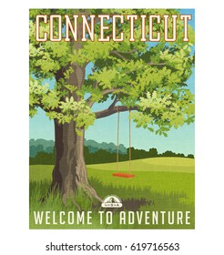 Connecticut travel poster or sticker. Vector illustration of large oak tree in the country with red swing.