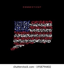 Connecticut US state flag map, chaotic particles pattern in the colors of the american flag. Vector illustration isolated on black background.