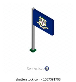 Connecticut US state flag on flagpole in isometric dimension. Isometric blue background. Vector illustration.