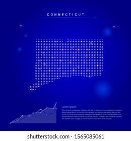 Connecticut US state illuminated map with glowing dots. Infographics elements. Dark blue space background. Vector illustration. Growing chart, lorem ipsum text.