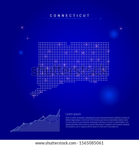 Connecticut US state illuminated map with glowing dots. Infographics elements. Dark blue space background. Vector illustration. Growing chart, lorem ipsum text.