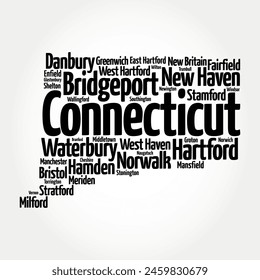 Connecticut is a U.S. state in southern New England that has a mix of coastal cities and rural areas dotted with small towns, word cloud concept background