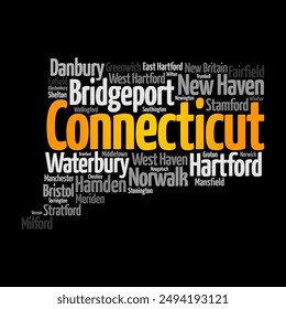 Connecticut is a U.S. state in southern New England that has a mix of coastal cities and rural areas dotted with small towns, word cloud concept background