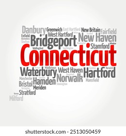 Connecticut is a U.S. state in southern New England that has a mix of coastal cities and rural areas dotted with small towns, word cloud concept background