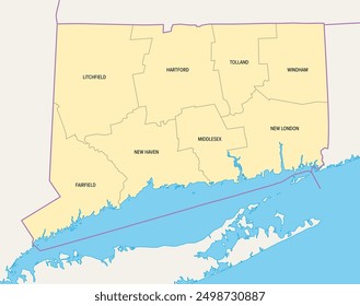 Connecticut, U.S. state, subdivided into 8 counties, political map with borders and county names. State in the New England region of Northeastern United States nicknamed The Constitution State.