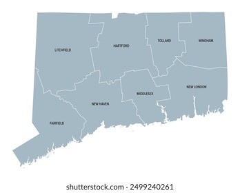 Connecticut, U.S. state, subdivided into 8 counties, gray political map with borders and county names. State in the New England region of Northeastern United States nicknamed The Constitution State.