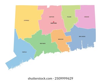 Connecticut, U.S. state, subdivided into 8 counties, multi colored political map with capital Hartford, borders and county names. State in the New England region of the USA. The Constitution State.