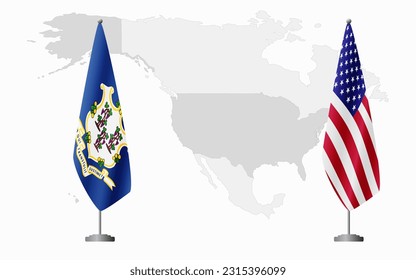 Connecticut US and USA flags for official meeting against background of world map.