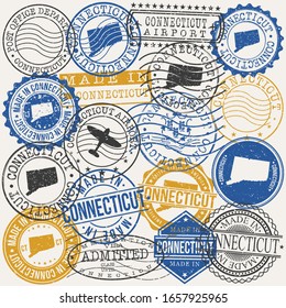 Connecticut, USA Set of Stamps. Travel Passport Stamps. Made In Product. Design Seals in Old Style Insignia. Icon Clip Art Vector Collection.