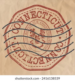 Connecticut, USA Stamp Travel Passport. Design Retro Symbol Country. Old Vintage Postmark.