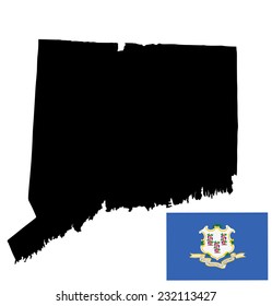 Connecticut vector map and flag isolated on white background. High detailed silhouette illustration.  Original Connnecticut state flag isolated vector in official colors and proportion correctly.