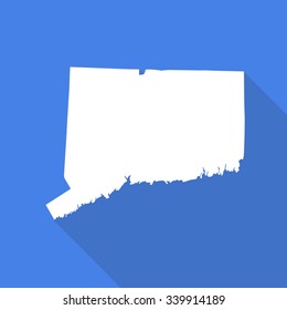 Connecticut white map,border flat simple style with long shadow on blue background