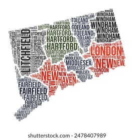 Connecticut Word Cloud. State shape with county division. Connecticut typography style image. County names tag clouds. Vector illustration.