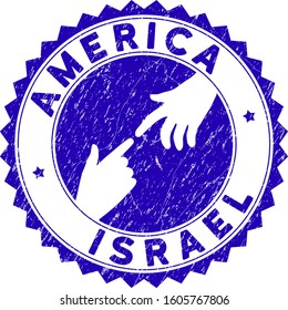 Connecting America Israel stamp seal. Blue vector round grunge seal stamp with connecting hands for America Israel. Symbol of political collaboration, cooperation, partnership and conflicts.