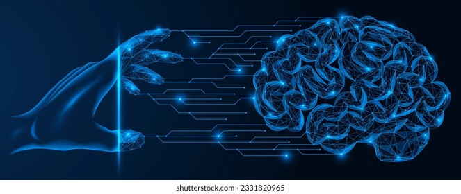 Connecting to an artificial brain. A polygonal object of lines and points. Blue background.