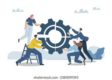 Connecting business mechanisms, Partnering to increase organizational efficiency, Working together as a team to succeed, Business men and women work together to connect gears or cogs wheel together.