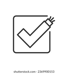 Conexión de un cable, icono lineal. Una marca de verificación de alambre. Línea con trazo editable