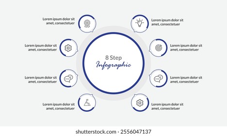 Connecting Circular Infographic, 8-Step Design Template for Modern, Minimalistic, and Professional Business Presentations.