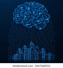 Conectando a cidade à inteligência artificial. Desenvolvimento da infraestrutura digital do futuro. Design poligonal de linhas e pontos interconectados. Fundo azul.